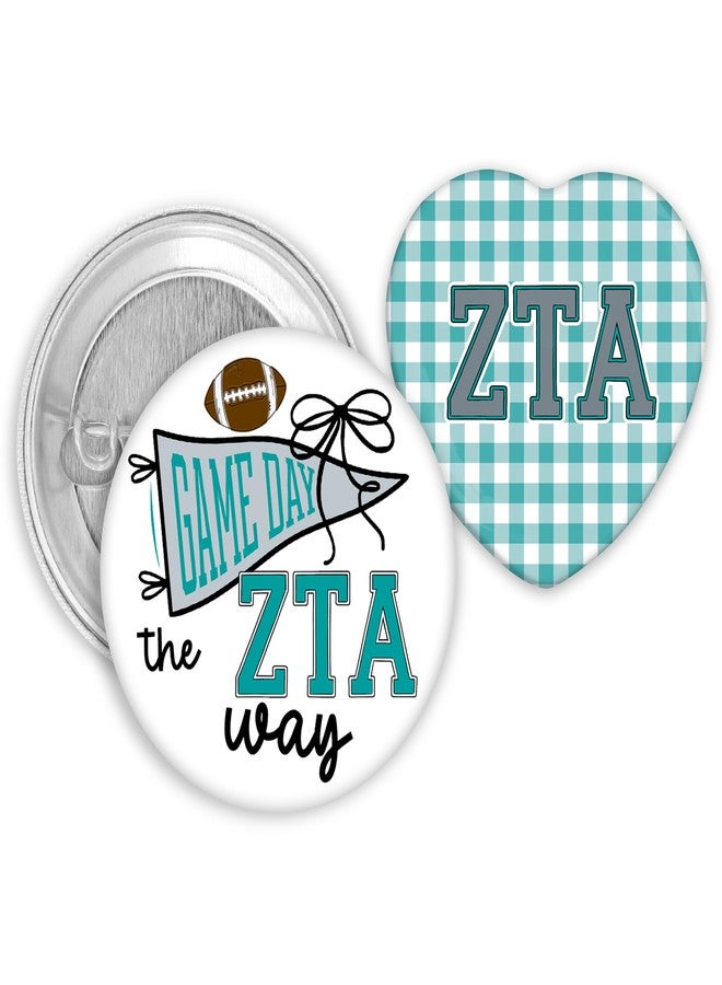SCRAPHEART Zeta Tau Alpha Sorority 2-Pin Button Set, Licensed ZTA Game Day Pin and Heart-Shaped Gingham Button Set, ZTA Big Little Gift, Bid Day Favors, Cute Greek Life Accessories, ZTA Sorority Gifts - Image 1